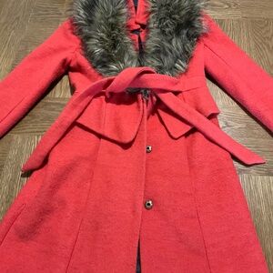 Anthropologie Plenty Tracy Reese Red fur wool coat 0 petite